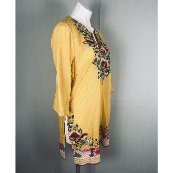 RITU KUMAR Mini Dress Medium Shift Embroidered Floral Gold Yellow Side Slits NEW - Picture 2 of 11